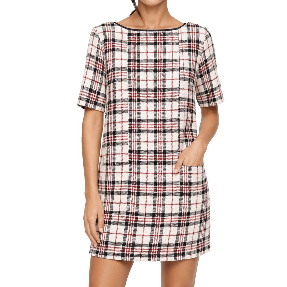 Zara Womens Small Tartan Plaid Wool Blend Shift Mini Dress Red Navy Pockets